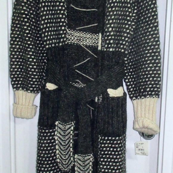 New Gray Cream Sweater Coat XL 10 12 Chunky Belted Italy - Picture 7 of 15